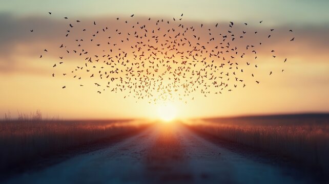 Sustainable agriculture concept. A mesmerizing sunset with birds swirling above a tranquil road.