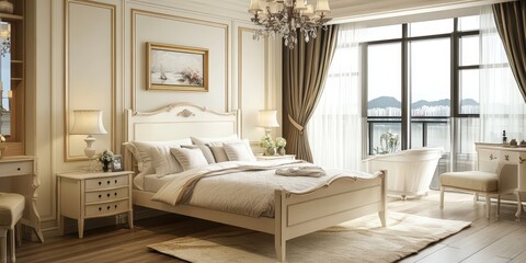A Luxurious Bedroom Featuring Elegant Furniture and Large Windows