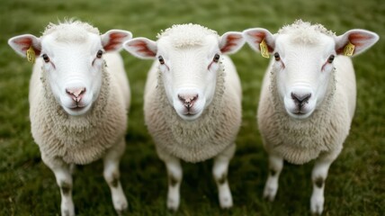 Fototapeta premium Sustainable agriculture concept. Three fluffy sheep standing together on green grass.