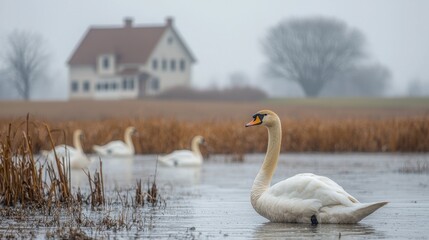 Elegant swan gracefully gliding on calm water, other swans in the background, a house in the distance on a foggy day.