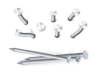 Nails hammered into wall steel straight and bent metal hardware spikes. Hobnails with grey caps top view isolated on transparent background. Vector
