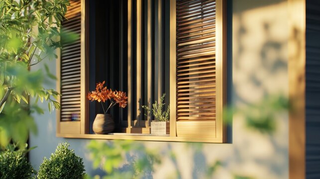 Fototapeta A sunlit window shows plants flowers and shuttered wood panes