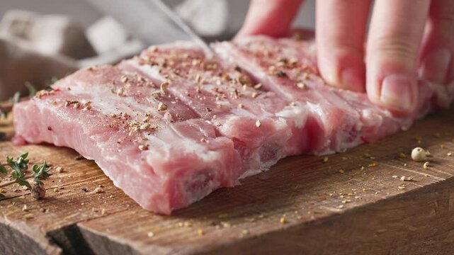 cook cut fresh raw pork ribs meat with spices with sharp knife on wooden kitchen board, food closeup