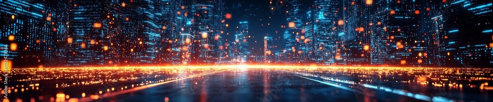 Poster a blend of matrix and mixed media features a virtual city skyline rendered in binary code