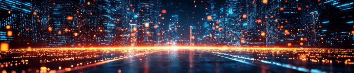 Naklejka premium A blend of Matrix and mixed media features a virtual city skyline rendered in binary code