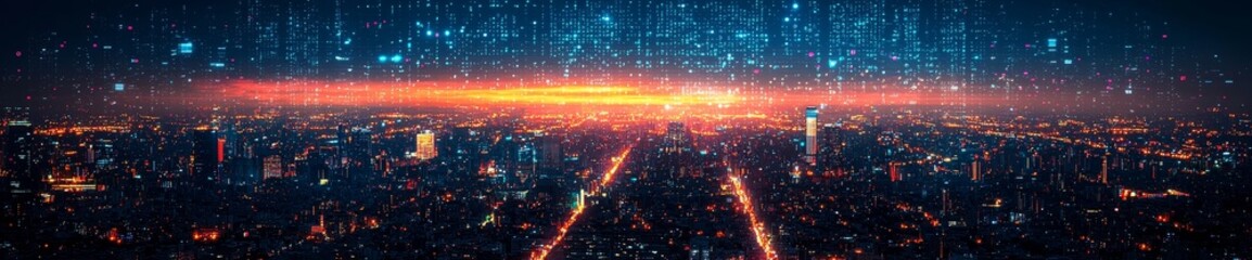 Obraz premium Binary code outlines a futuristic cityscape in a Matrix-inspired mixed media background