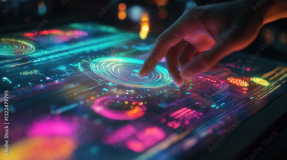 Poster businessman's finger interacting with a vibrant holographic interface, activating glowing circular e