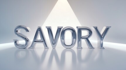 Reflective typography emphasizing the word Savory in a minimalist setting