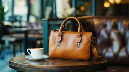 A fashionable leather handbag resting on a caf&Atilde;&copy; table with a coffee cup beside it.
