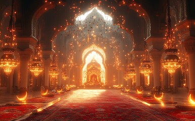 Fototapeta premium Opulent Hall with Intricate Arches, Chandeliers, and Golden Throne
