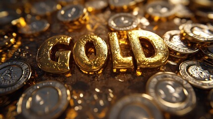 A collection of gold coins surround the word gold in shiny gold