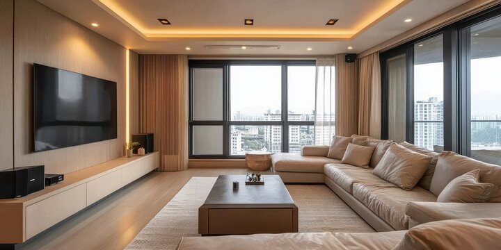 A modern living room featuring a large television and sectional