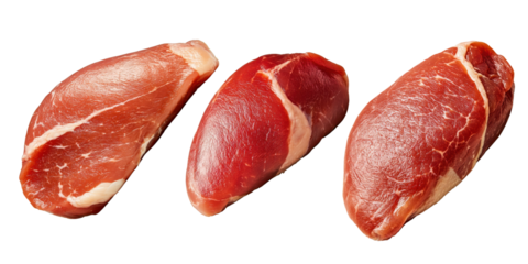 Fresh cuts of red meat displayed on transparency background, showcasing different textures and colors. Ideal for culinary presentations or food related content