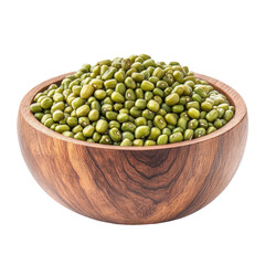 Peeled split mung beans in a wooden bowl on a Transparent background for culinary use, Peeled split mung beans in wood bowl isolated on PNG background