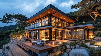 Fototapeta premium A modern luxury home overlooks a beautiful natural forested landscape