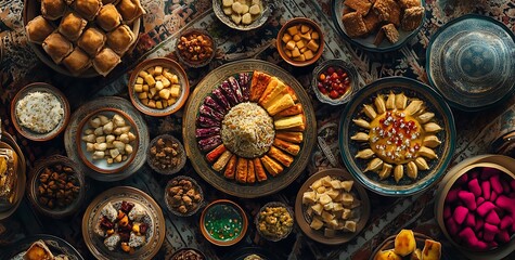 Array of Middle Eastern Sweets and Snacks on Colorful Tablecloth

