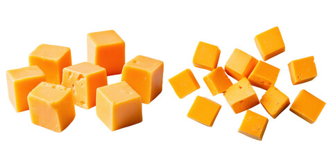Cheddar cheese cubes in various sizes, perfect for snacking or cooking. Their vibrant orange color adds cheerful touch to any dish, making them delightful addition to cheese platters