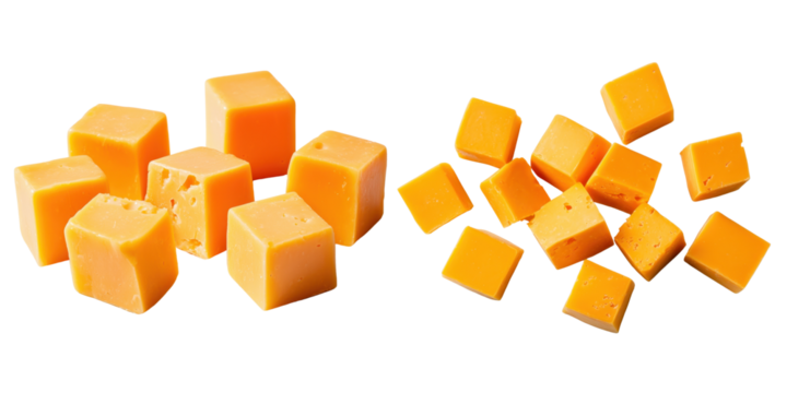 Cheddar cheese cubes in various sizes, perfect for snacking or cooking. Their vibrant orange color adds cheerful touch to any dish, making them delightful addition to cheese platters