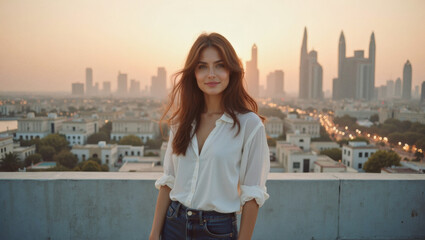 Fototapeta premium 2025 summer idea trend concept: A woman poses against a city skyline, wearing a white blouse and jeans, at sunset.