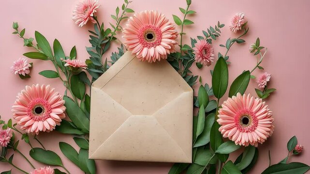 Floral envelope with pink gerbera daisies, romantic message and love concept. High quality 4k footage