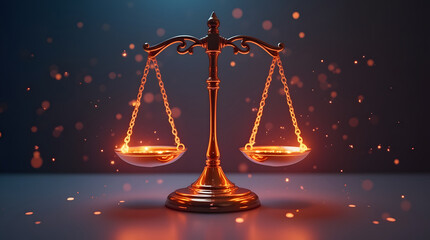 floating transparent balance scale symbolizes justice and fairness in digital world. glowing design highlights importance of legal systems