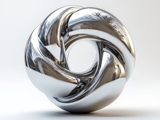 A surreal 3D organic ball with curvy, smooth, and soft bio forms in glossy silver metal and white matte plastic elements is presented in this abstract black and white 3D render set against a light