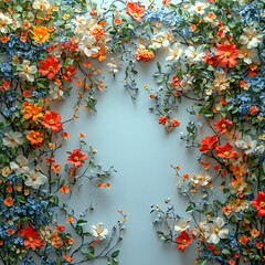 Delicate flower wreath with vivid spring petals on light blue image