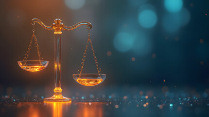 floating transparent balance scale symbolizes justice and fairness in digital world. glowing design highlights importance of legal systems