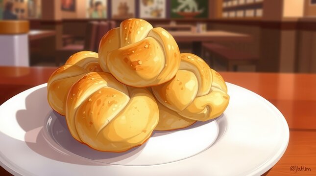 Cute Kawaii Anime Style Fresh Garlic Bread Rolls on a White Plate Donghua Manga Manhua Cartoon Ace Aro