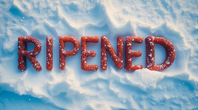 Text made of red objects displayed on snow using a fun style during winter