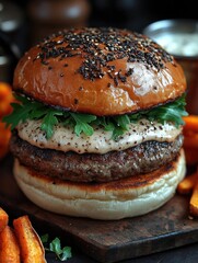 Gourmet burger with seasoned beef patty, fresh greens, and creamy sauce on a rustic wooden board