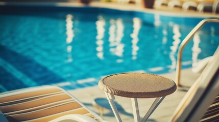 Serene poolside setting with lounge chairs and wicker stool by a clear blue pool