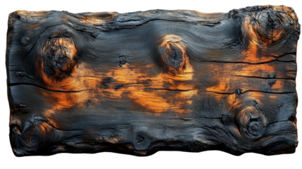 Charred Log: A dramatic close-up reveals the striking textures and colors of a charred log, the deep blacks and fiery oranges creating a stark and captivating contrast, showcasing nature's raw power.