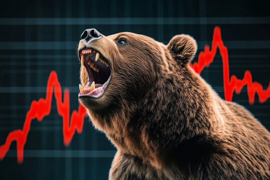Bearish stock competition a fierce bear dominating a battlefield of declining stock charts and market volatility 
