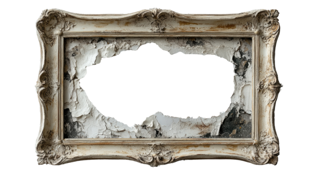 Framed Destruction: An antique picture frame, battered and broken, reveals a crumbling wall, symbolizing the passage of time and the decay of structures.