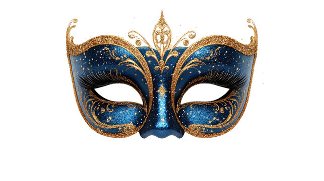 Enigmatic Masquerade Mask: A richly adorned masquerade mask, featuring intricate golden details against a deep blue background, invites a sense of mystery and celebration. 