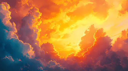 Golden sunset, cumulus clouds, wideangle shot, vibrant colors, panoramic view, serene evening sky. Dusky Brilliance. Illustration