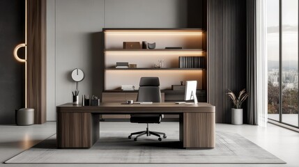 Luxurious modern office interior shows a desk and surrounding furnishings
