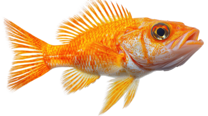 Golden Fish's Detailed Gaze: A single, vibrant orange goldfish with meticulously detailed scales and fins swims gracefully, its eye focused and captivating.