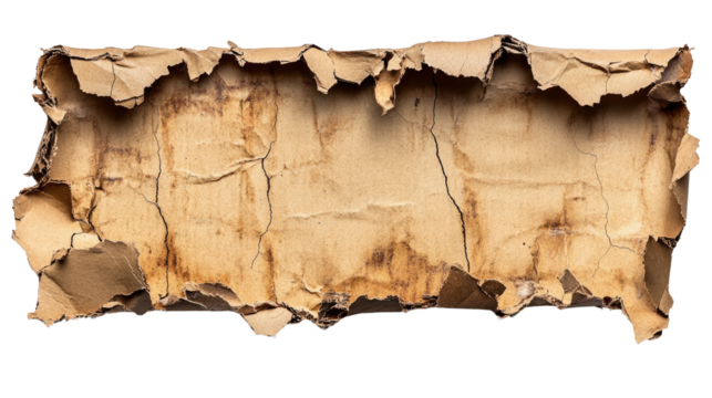 Distressed Cardboard Banner: A weathered banner crafted from corrugated cardboard, its edges torn and scorched, bearing the marks of time and use. 