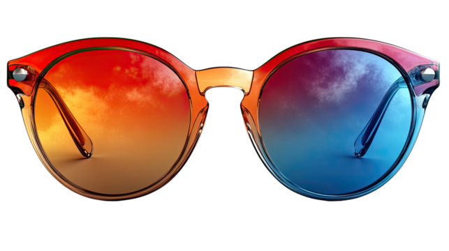 Spectacular Spectacles: A vibrant pair of sunglasses with circular frames, displaying a gradient lens effect mirroring the radiant hues of a sunset and sunrise, offering both style and vision