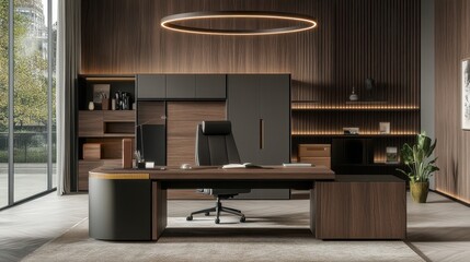 A modern executive office space with stylish furniture and decor