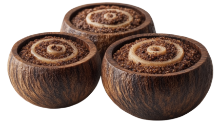 Decorative Bowls: A trio of intricately designed wooden bowls, each featuring a unique spiral pattern, offering a warm, rustic aesthetic that blends artistry with functional decor.