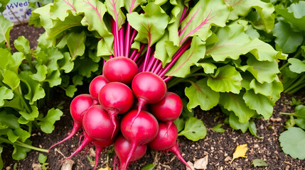 Freshly harvested vibrant red beetroots with lush green leaves in a vivid garden setting, representing health, growth, and the bounty of nature's produce.