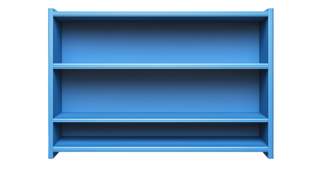empty shelves , blue bookshelf isolated  on white background , transparent png 