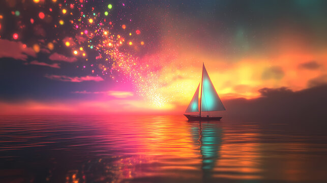 Una toma de cerca de una vela blanca con llama rodeada de varias luces con bombillos de varios colores en movimiento en la oscuridad. Dusky Brilliance. Illustration