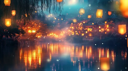 Fototapeta premium Mystical Ink Painting of Floating Lanterns Illuminate