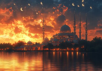 Fototapeta premium Mosque Silhouette at Sunset with Crescent Moons Reflecting on Water