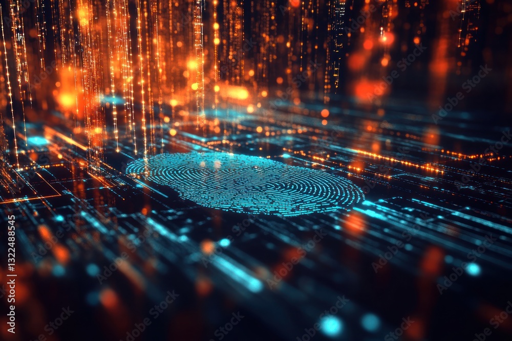 Poster abstract digital fingerprint surrounded by glowing data streams and particles, representing cybersec