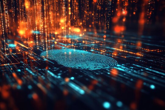 Abstract digital fingerprint surrounded by glowing data streams and particles, representing cybersecurity and technology advancements